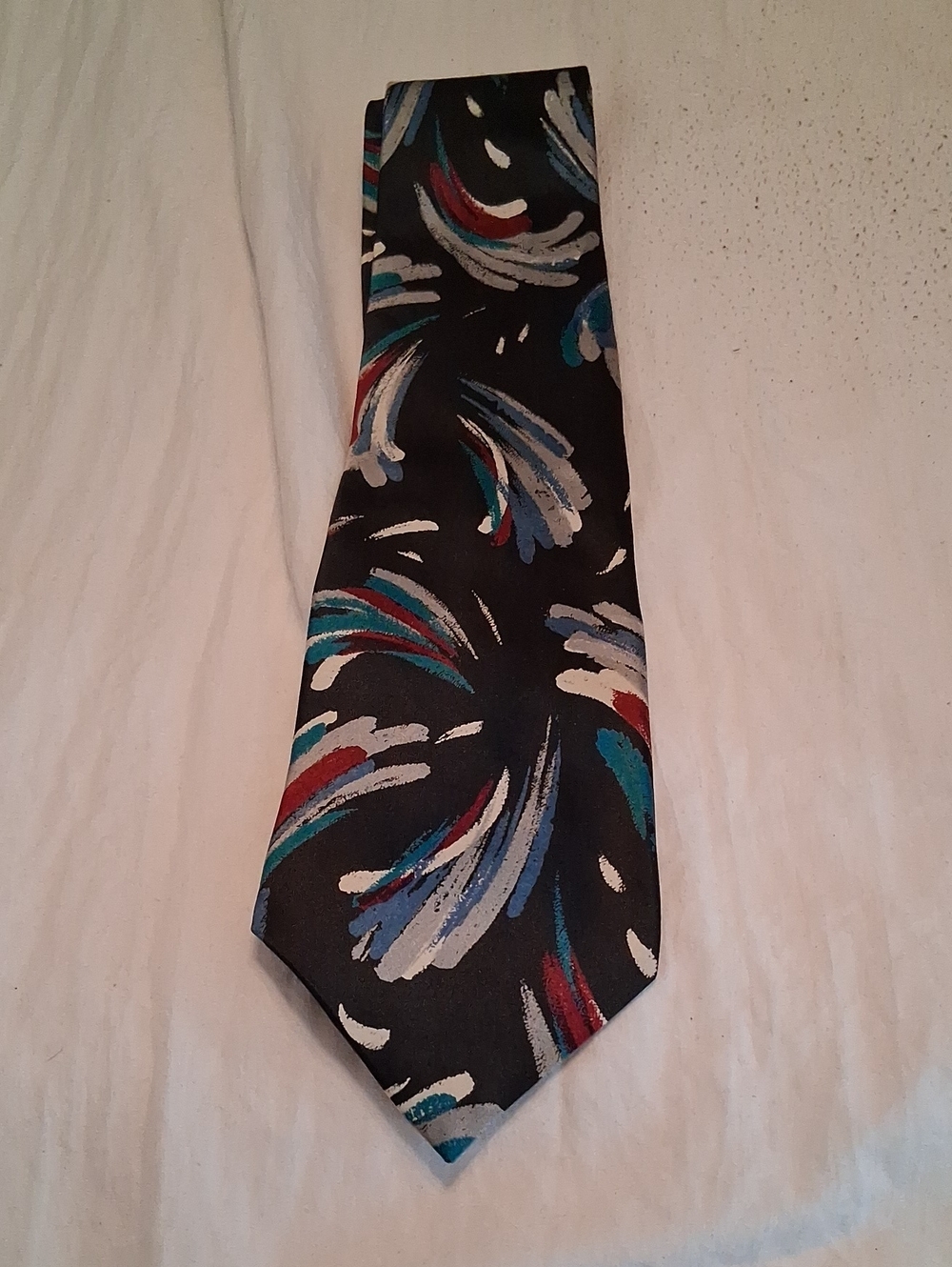 Vintage Albert Nipon Silk Black Patterned Men's Tie with Blue and Red Accents
